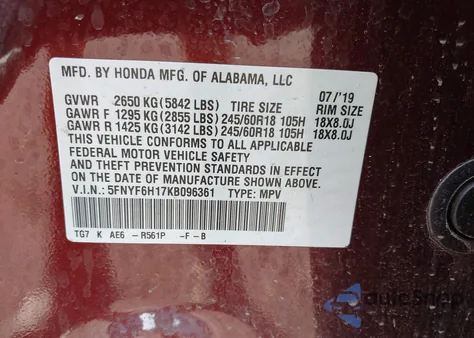 2019 Honda Pilot Lx из США, поврежденный, VIN 5FNYF6H17KB096361